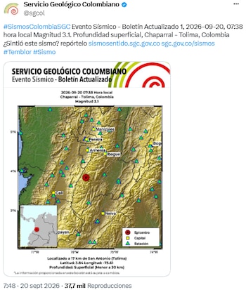 Sismo 07:38 a. m. en Chaparral, Tolima - crédito @sgcol/X