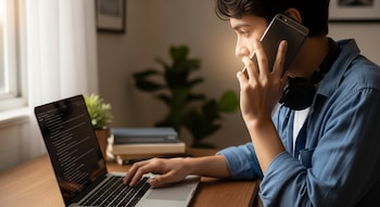 Hombre joven sentado en escritorio con una computadora portátil, teclado, teléfono móvil en la oreja y auriculares alrededor del cuello.