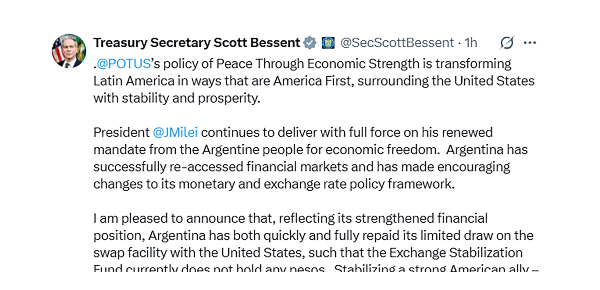 El tuit del secretario del Tesoro de EE.UU., Scott Bessent, confirmando la devolución de los USD 2.500 millones del swap con Argentina.