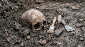 Cráneo humano antiguo parcialmente cubierto por tierra oscura en un sitio de excavación, con un pincel, una pequeña pala y una espátula de metal a su alrededor.