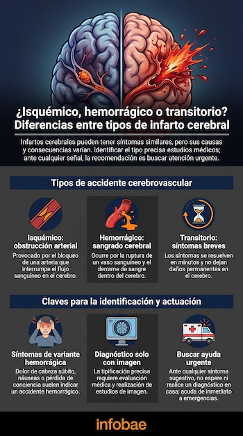 Ilustración de cerebro con zonas isquémica y hemorrágica. Texto, seis íconos con descripciones de infarto cerebral, síntomas y actuación. Logo Infobae.