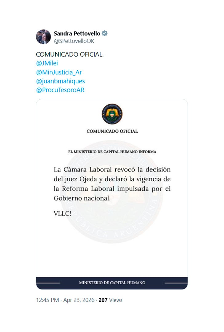 El comunicado que posteó Sandra Pettovello para difundir que la Cámara Laboral validó la Reforma Laboral (X)