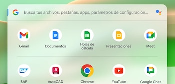 Pantalla de una interfaz de usuario que muestra una barra de búsqueda y una cuadrícula de iconos de aplicaciones populares de Google, SAP y AutoCAD