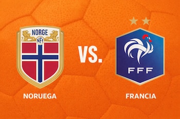 Fondo naranja con textura de balón de fútbol. Escudo de Noruega ("NORGE", "NFF"), texto "VS.", escudo de Francia ("FFF", dos estrellas). Abajo: "NORUEGA", "FRANCIA".