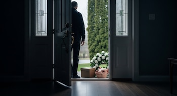Interior de casa oscura, persona abre puerta a exterior luminoso. En el umbral: caja de cartón, corona de flores blancas, máscara de cerdo.