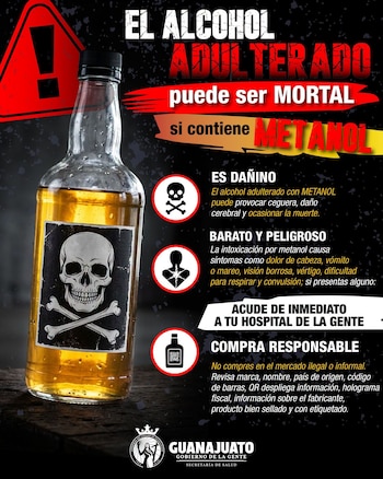 El caso se suma a una serie de investigaciones abiertas en Guanajuato por presuntas bebidas alcohólicas adulteradas. (Crédito: Secretaría de Salud de Guanajuato)