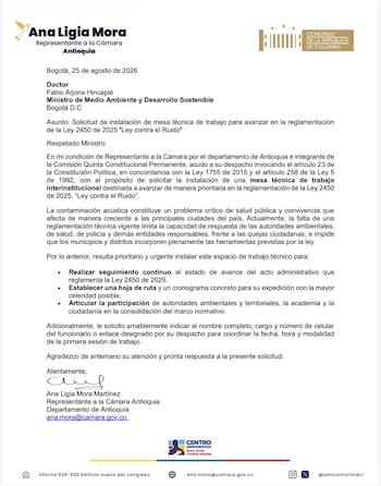Ana Ligia Mora pidió al Gobierno instalar una mesa de trabajo y definir un cronograma para la reglamentación de la Ley contra el Ruido - crédito @amoramartinez1/X