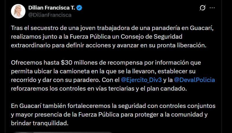 La gobernadora del Valle del Cauca, Dilian Francisca Toro, anunció una recompensa de hasta $30 millones (- crédito @DilianFrancisca/X)