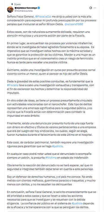 El abogado Alejandro Carranza hizo señalamientos en contra de Wilson Javier Devia Pérez, representante legal de la organización sindical UT UNP - crédito @HombreJurista/X