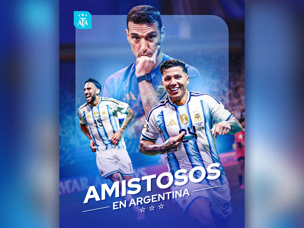 El anuncio de la AFA sobre los amistosos que jugará Argentina tras el Mundial con Scaloni, Nico González y Enzo Fernández en el afiche oficial