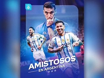 El anuncio de la AFA sobre los amistosos que jugará Argentina tras el Mundial con Scaloni, Nico González y Enzo Fernández en el afiche oficial