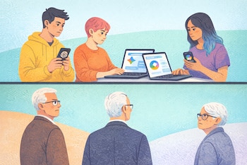 Ilustración de una escena dividida horizontalmente: jóvenes con teléfonos y laptops mostrando logos de chatbots, adultos mayores que observan.