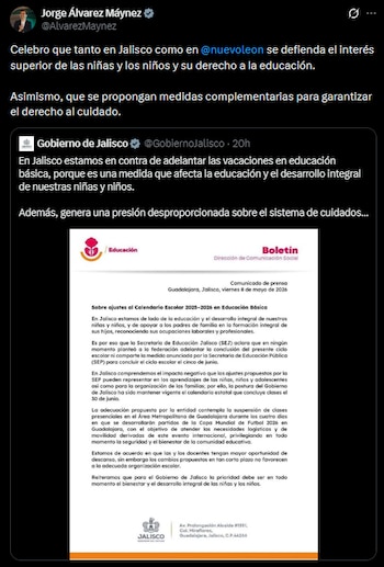 Captura de pantalla de un tuit que muestra un boletín de prensa del Gobierno de Jalisco sobre ajustes al calendario escolar 2025-2026 para educación básica