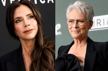Retratos de Victoria Beckham, con cabello castaño largo, y Jamie Lee Curtis, con cabello corto canoso y gafas.