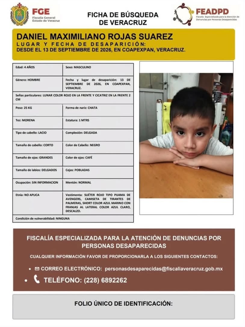 La Fiscalía General del Estado de Veracruz difunde la ficha de búsqueda del menor Daniel Maximiliano Rojas Suárez, reportado como desaparecido en la localidad de Coapexpan. (FGE)