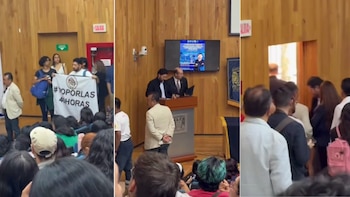 Activistas interrumpen conferencia de Marath Bolaños en la UNAM por reforma de las 40 horas