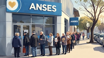 Ilustración de personas adultas que forman una fila en la acera frente al edificio de ANSES junto a una calle con vehículos.