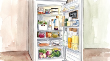 Ilustración en acuarela de un refrigerador abierto con alimentos en frascos, botellas, recipientes y verduras.