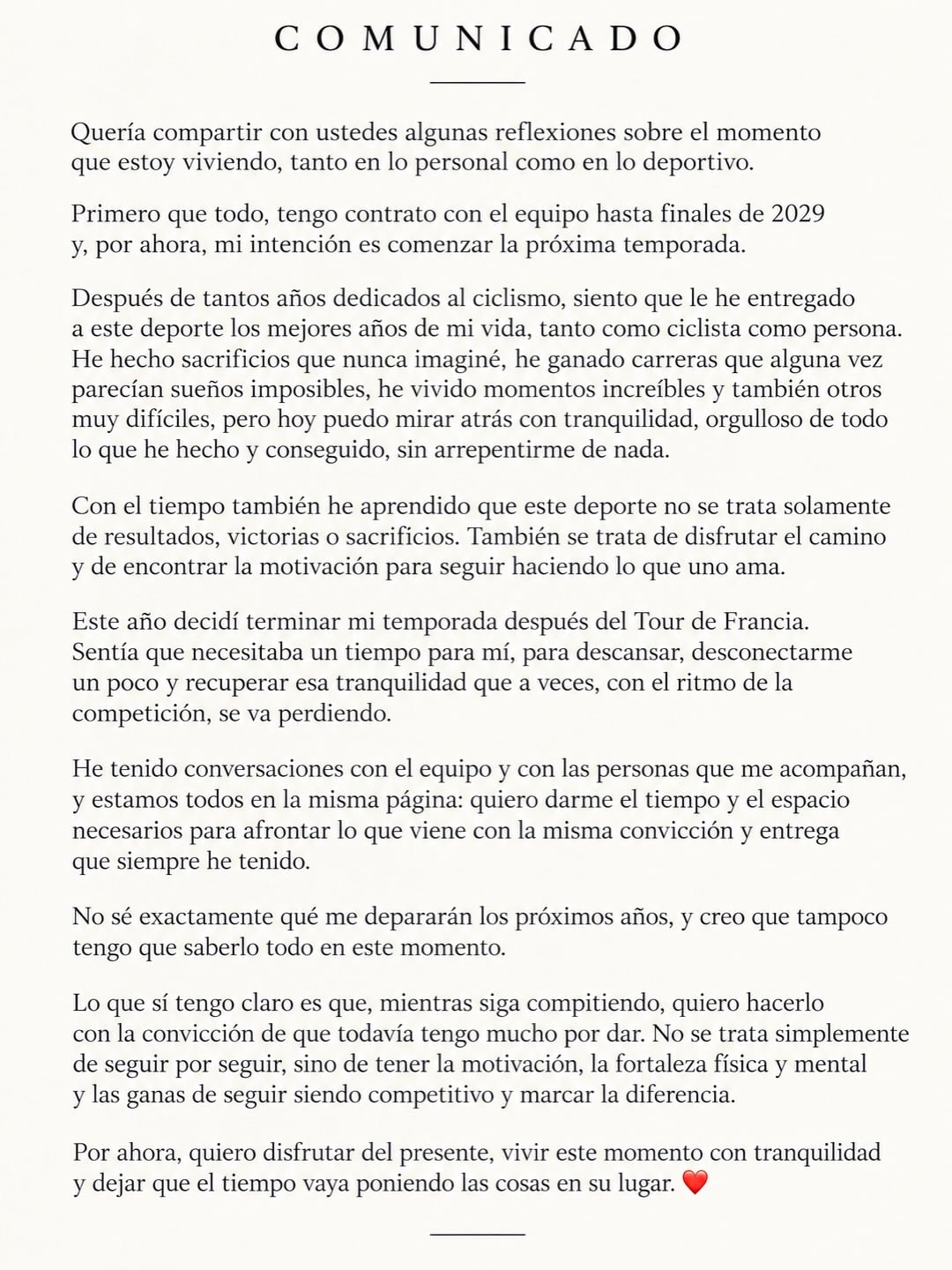 El ciclista colombiano aclaró su situación competitiva a través de Instagram tras la difusión de versiones sobre un retiro definitivo-crédito @eganbernal/Instagram