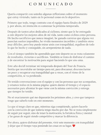 El ciclista colombiano aclaró su situación competitiva a través de Instagram tras la difusión de versiones sobre un retiro definitivo-crédito @eganbernal/Instagram