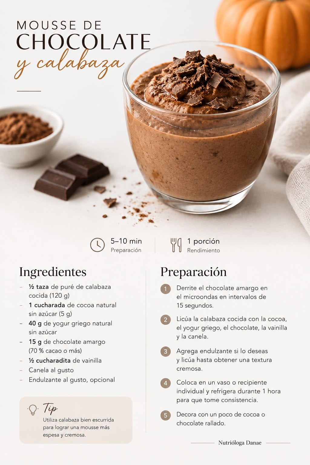 redacta un pie de foto}La mousse saludable de chocolate y calabaza combina cacao natural, puré de calabaza y yogur griego para crear un postre cremoso y fácil de preparar. Su receta permite controlar el dulzor y disfrutar una alternativa casera sin azúcar añadida, ideal para quienes buscan opciones más equilibradas