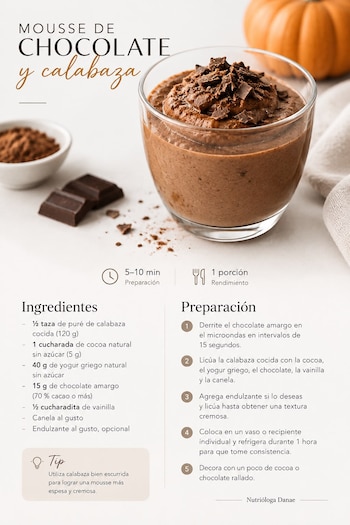 redacta un pie de foto}
La mousse saludable de chocolate y calabaza combina cacao natural, puré de calabaza y yogur griego para crear un postre cremoso y fácil de preparar. Su receta permite controlar el dulzor y disfrutar una alternativa casera sin azúcar añadida, ideal para quienes buscan opciones más equilibradas