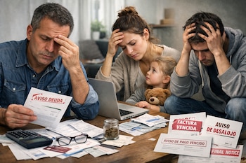 Hombre, mujer y niña sentados en una mesa con numerosas facturas, incluyendo avisos de deuda y desalojo; los adultos se muestran angustiados.