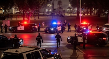 Noche en Los Ángeles: Múltiples agentes tácticos y vehículos policiales con luces intermitentes rodean una calle junto a un parque infantil. Ambiente nocturno.