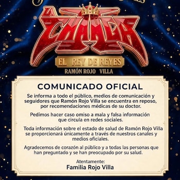 Cartel con el logotipo de Sonido La Changa y un recuadro blanco que contiene un comunicado oficial firmado por la Familia Rojo Villa