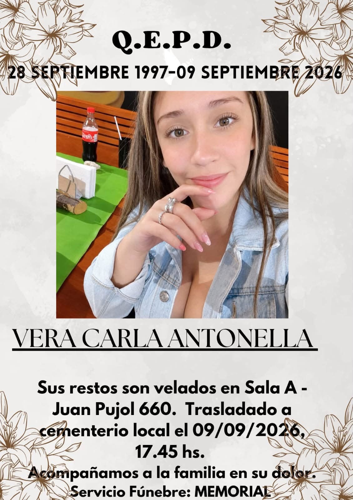 El cuerpo de Carla Vera fue derivado a la morgue judicial para la autopsia y sus restos serán inhumados en el Cementerio de la Misericordia de Monte Caseros.