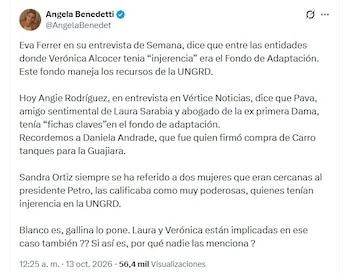 La publicación de Ángela Benedetti se produjo en medio de la controversia por declaraciones de Eva Ferrer y Angie Rodríguez sobre supuestas irregularidades e injerencias en nombramientos durante la administración del expresidente Gustavo Petro - crédito @AngelaBenedet/X
