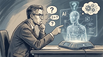Hombre con gafas y traje señala una proyección holográfica de figura humana con AI. Tres burbujas de pensamiento contienen signos de interrogación.
