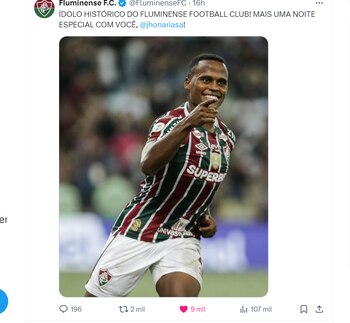 Publicación de Fluminense en honor a Jhon Arias - crédito Colprensa