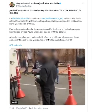 Los detalles de la captura se conocieron la mañana del viernes 28 de agosto vía X por parte del mayor general Alejandro Barrera, comandante de la Policía Nacional de Colombia - crédito @DirectorPolicia/X