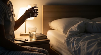 Una persona sentada junto a la cama, sosteniendo un vaso de agua en la mano, con otro vaso, un teléfono y un libro en la mesita de noche iluminada.