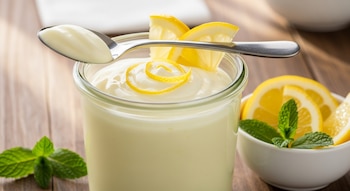 Un vaso de cristal con yogur de limón y una espiral de cáscara. Una cuchara metálica reposa sobre el vaso. Un cuenco con rodajas de limón y menta fresca.