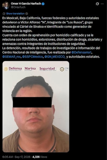 Harfuch destacó la detención del presunto miembro de Los Rusos. (X @OHarfuch)
