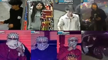 Una cuadrícula de ocho imágenes de vigilancia que muestran a varias personas, algunas en interiores y otras con la cara cubierta, relacionadas con un "street takeover"