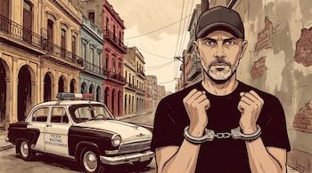 Dibujo de un hombre con gorra y esposas en las muñecas, frente a un coche patrulla rotulado y edificios coloniales.