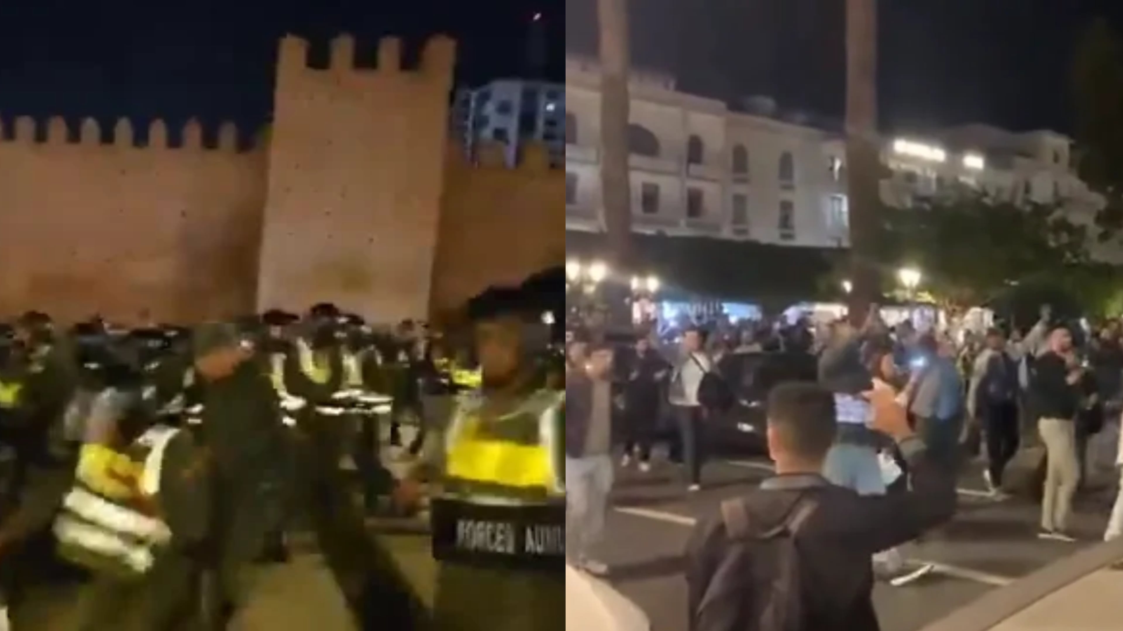 Efectivos de las fuerzas de seguridad intervienen durante una manifestación de profesores frente al Parlamento de Marruecos (X Morocco News)
