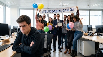 Primer plano de joven enojado con sudadera negra y brazos cruzados frente a un ordenador. Al fondo, colegas celebran con globos, confeti y cartel "¡FELICIDADES, CARLOS!".