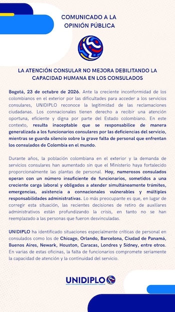 Unidiplo aseguró que las desvinculaciones de auxiliares administrativos, cuyos cargos no han sido reemplazados, han profundizado las dificultades operativas en distintas oficinas consulares - crédito Unidiplo