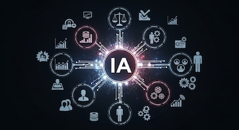 Ilustración conceptual con la palabra 'IA' en el centro, rodeada de elementos como gráficos, engranajes, iconos de justicia y siluetas humanas, conectados por líneas digitales luminosas sobre un fondo oscuro.