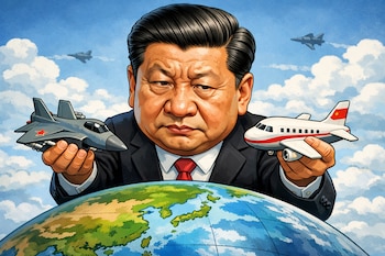 Caricatura de Xi Jinping con expresión seria, sosteniendo un avión militar con una estrella roja y un avión comercial con la bandera china sobre un globo terráqueo. Dos jets vuelan al fondo.