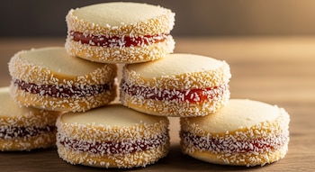 Pila de seis alfajores de maíz, con relleno de mermelada de naranja visible entre las galletas, y bordes cubiertos de coco rallado, sobre madera rústica.