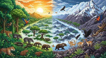 Ilustración de un corredor natural entre la Amazonía tropical y los Andes nevados de Perú, con jaguares, tapires, capibaras, cóndores y vicuñas migrando.