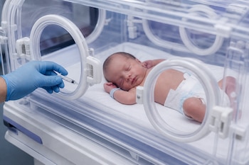 Un bebé en pañal descansa dentro de una incubadora transparente mientras una mano con guante azul sostiene una jeringa cerca.