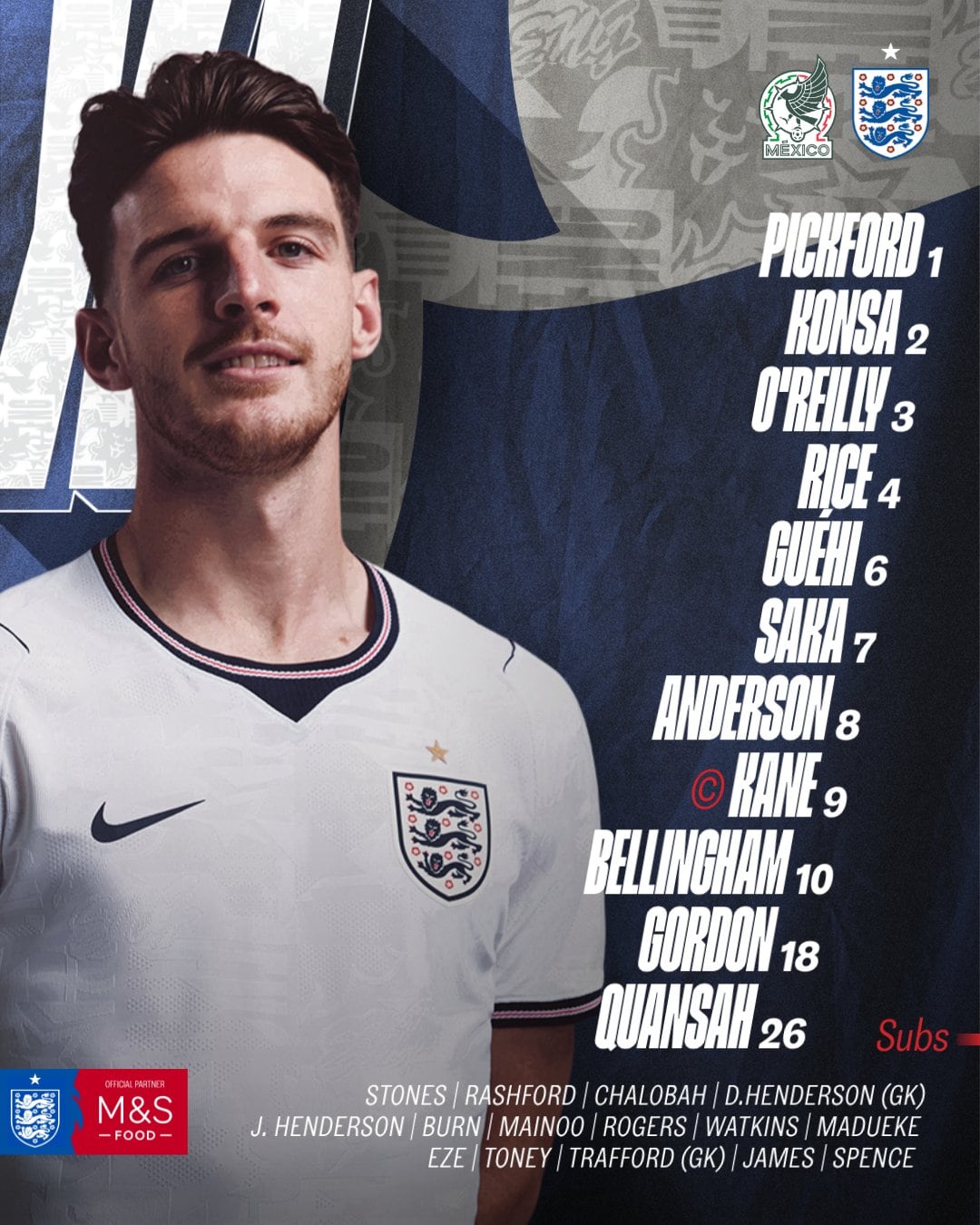 Alineación titular de la Selección Inglesa. (X/ @England)