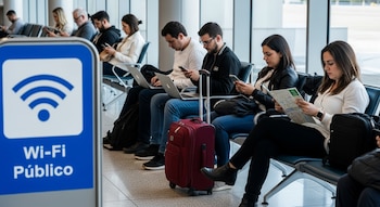 Una sala de espera de aeropuerto con varios turistas sentados, algunos usando laptops y teléfonos móviles, y una maleta roja; un cartel azul señala Wi-Fi Público.