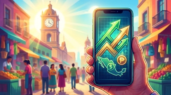 Mano con teléfono. Pantalla: mapa de México, signo de dólar, símbolo de peso, flechas. Fondo: calle de mercado mexicano, torre con reloj, gente.